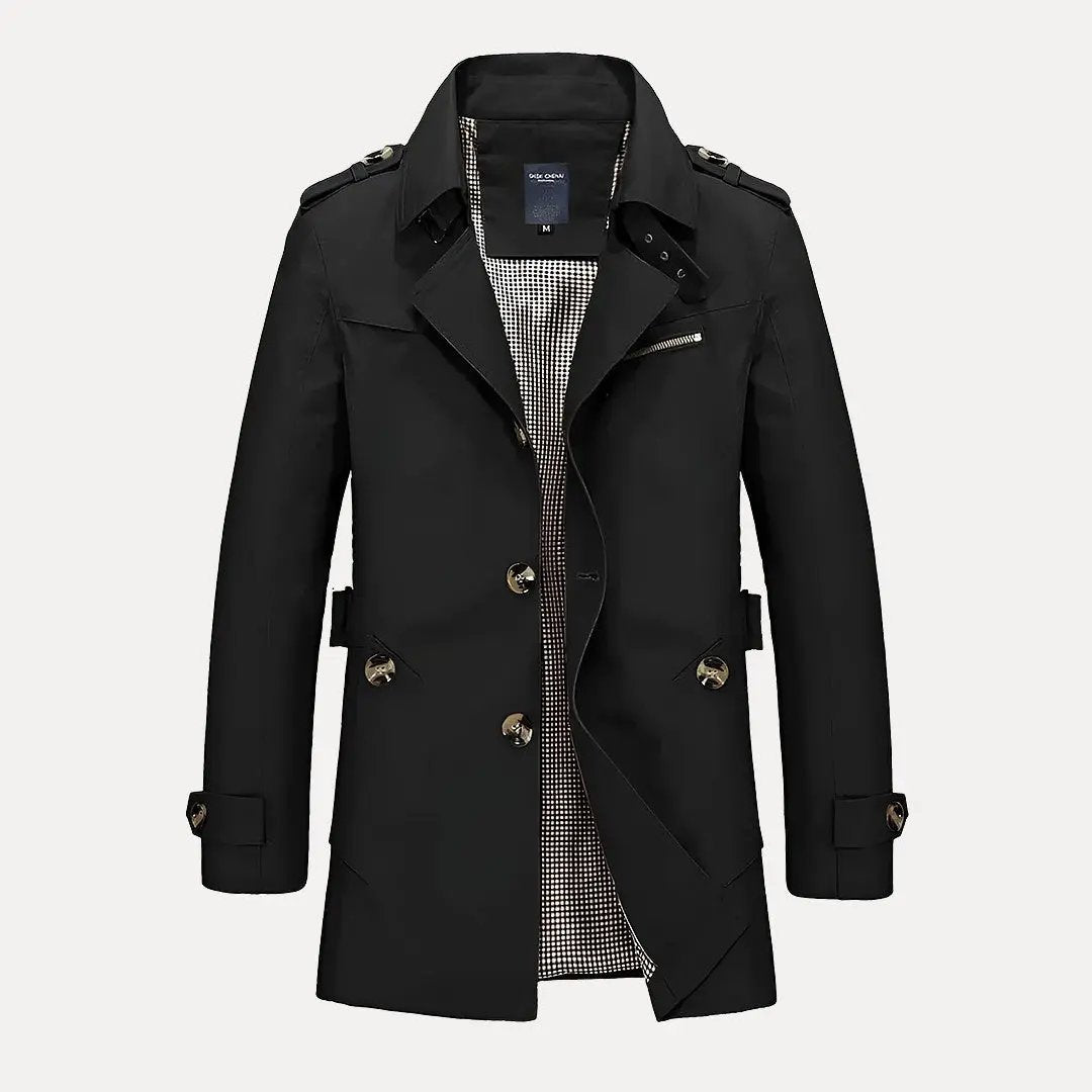 Men's lightweight beige trench coat relaxed fit with distinctive flip collar for business casual
