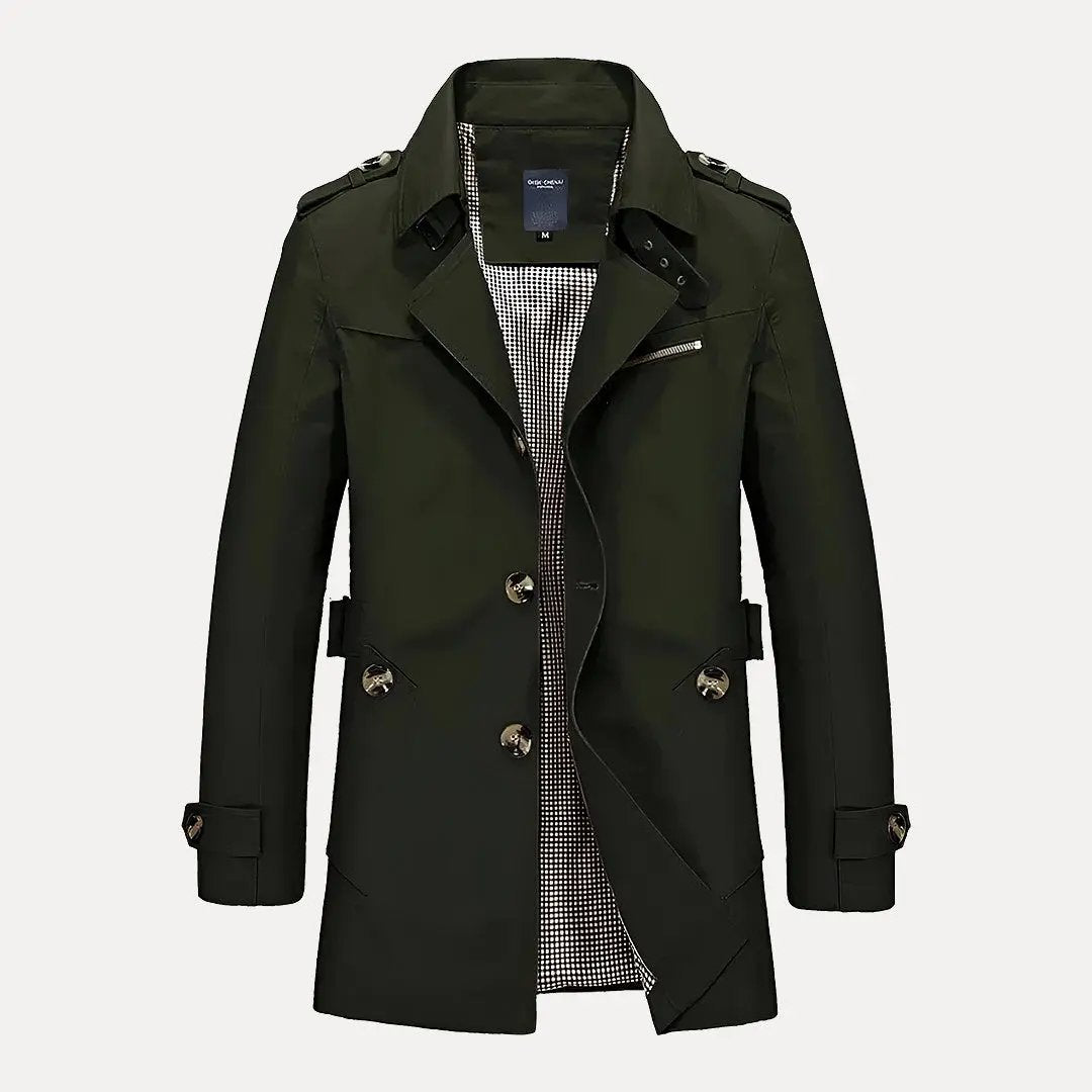 Men's lightweight beige trench coat relaxed fit with distinctive flip collar for business casual