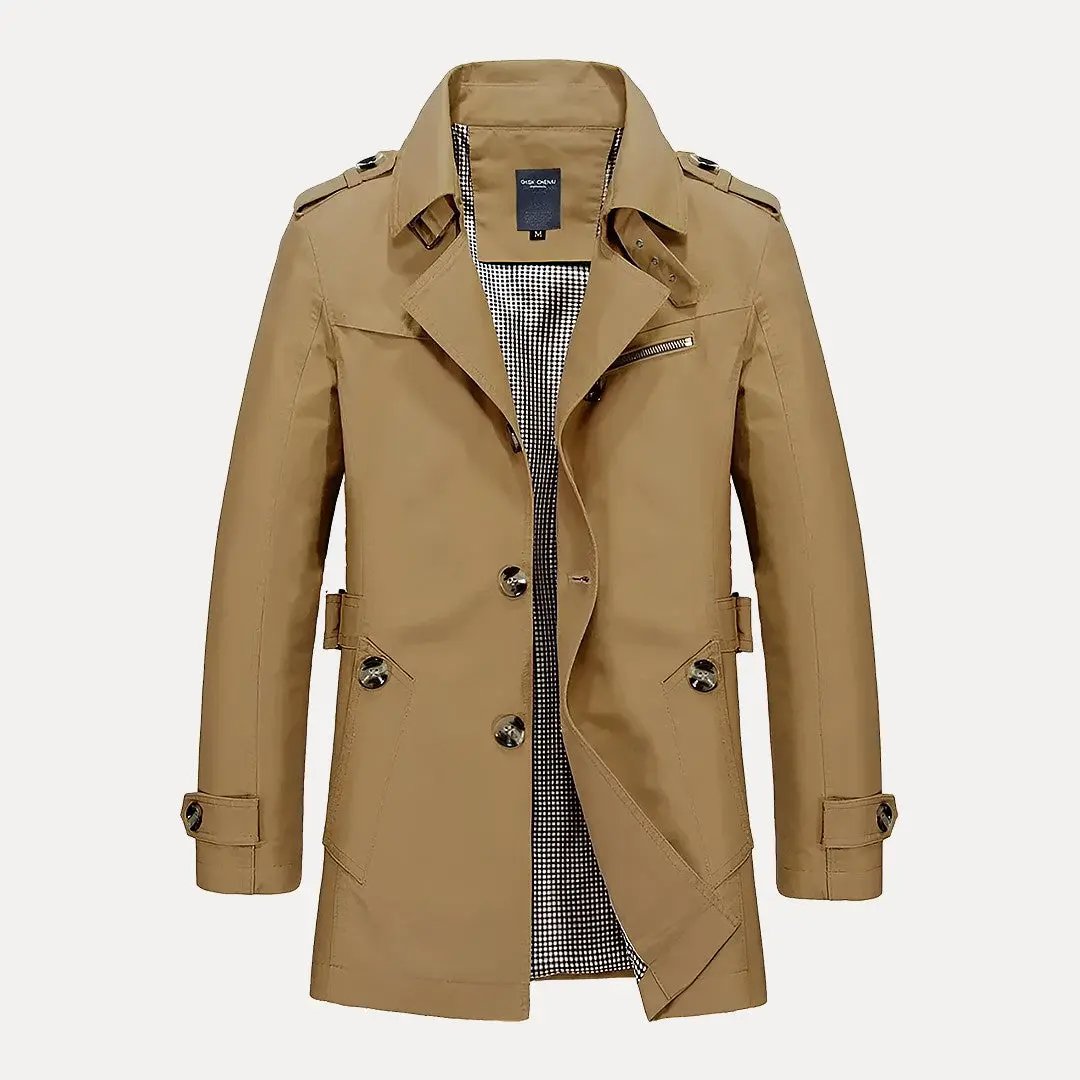 Men's lightweight beige trench coat relaxed fit with distinctive flip collar for business casual