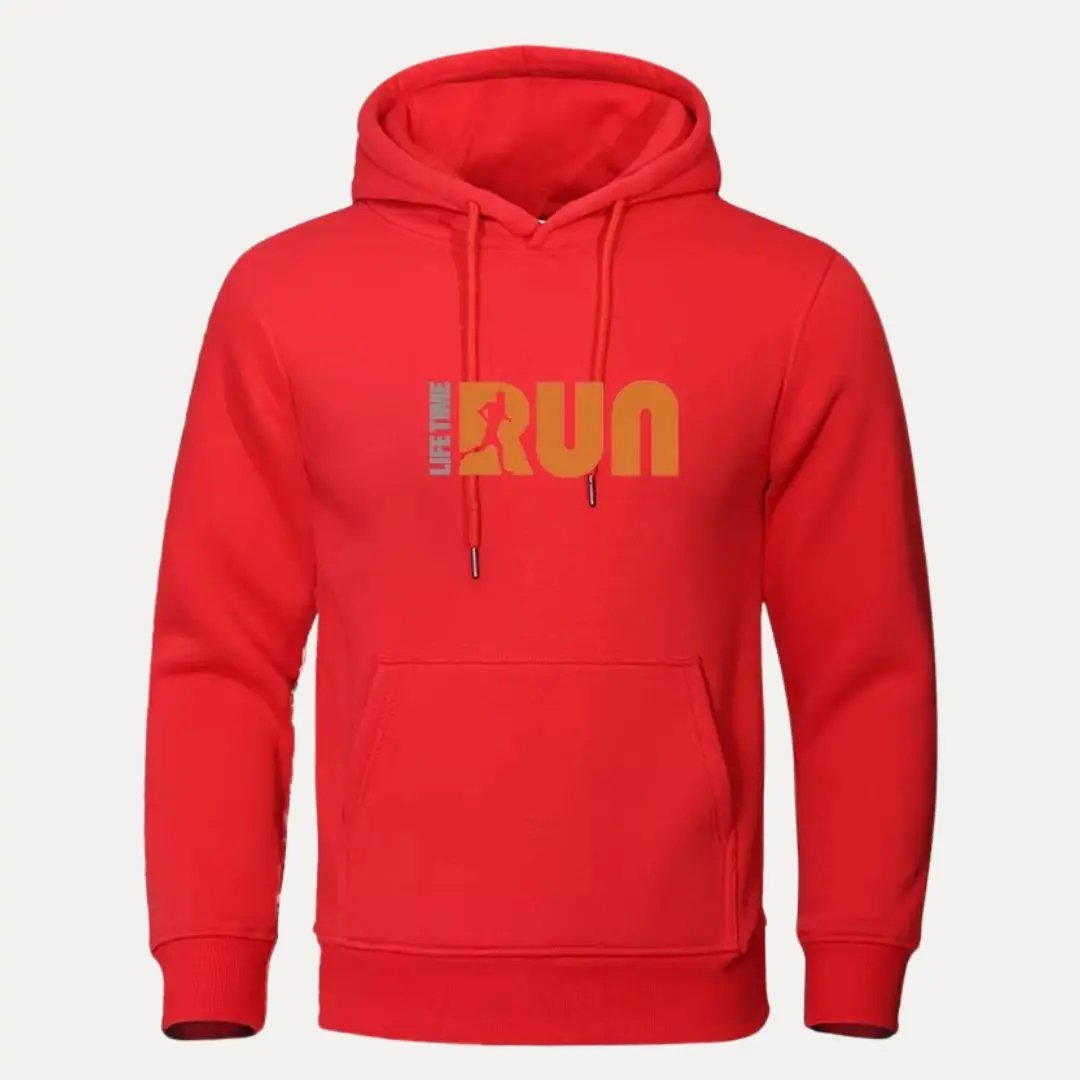 Gray pullover running hoodie with drawstring hood and bold LifeTime Run graphic print