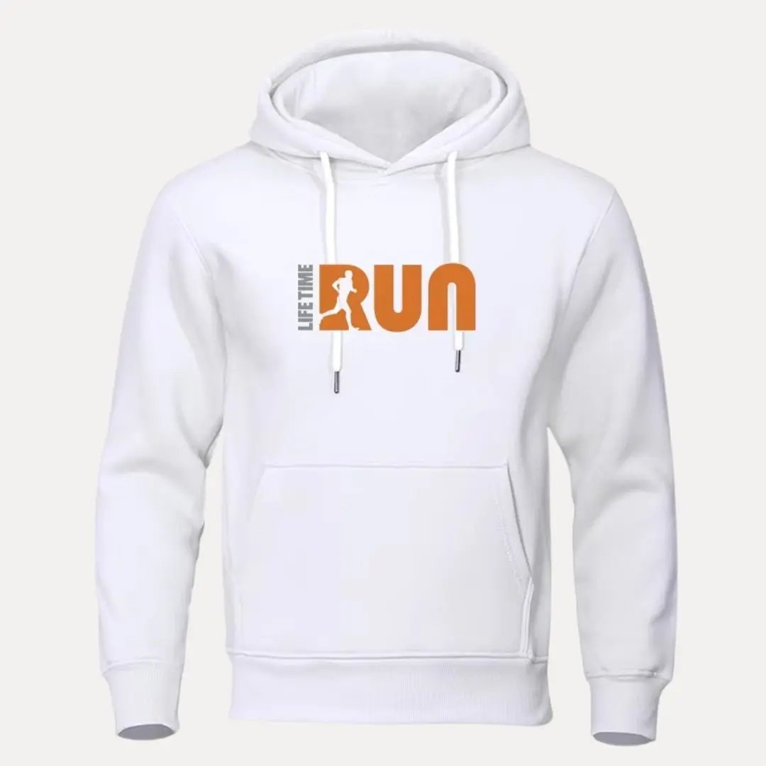 Gray pullover running hoodie with drawstring hood, ribbed cuffs, and bold LifeTime Run graphic print