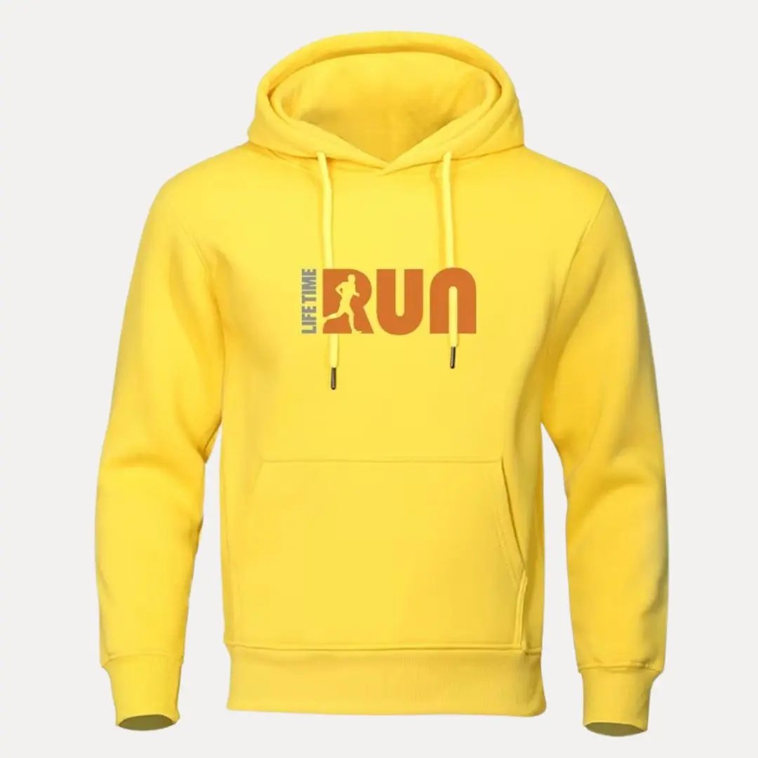 Gray athletic pullover hoodie with drawstring hood and bold LifeTime Run graphic print for runners