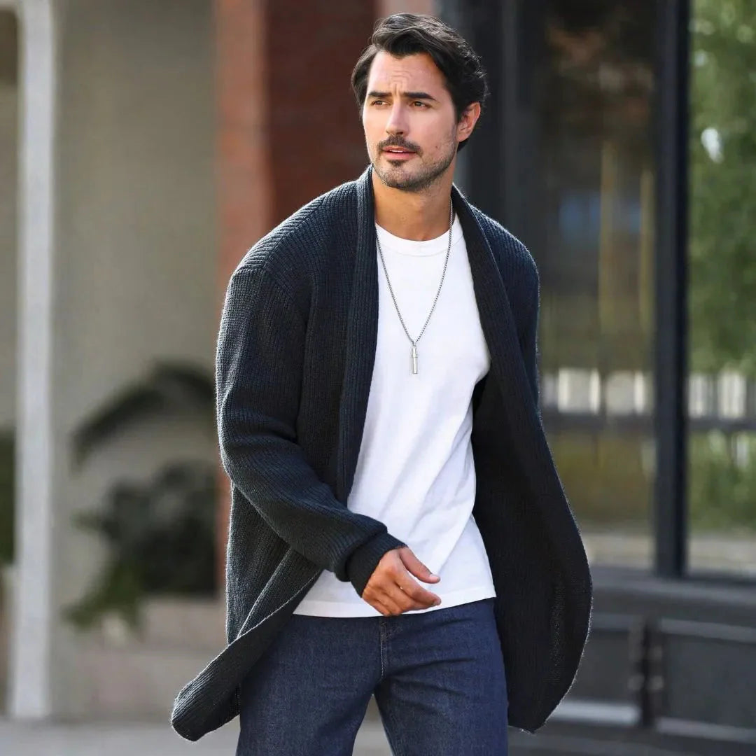 Men's longline open-front knit cardigan relaxed drape breathable lightweight casual layering essential