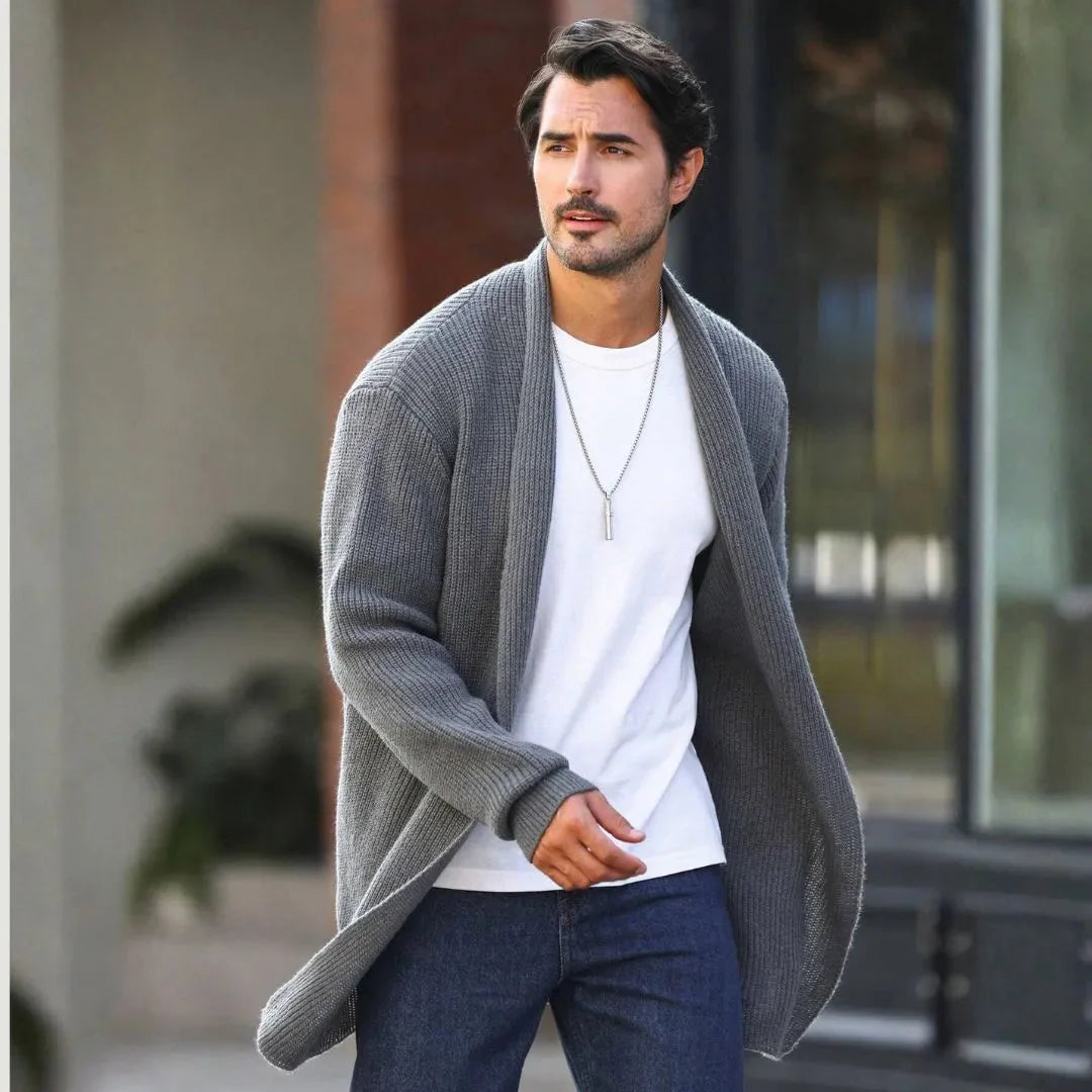 Men's longline open-front knit cardigan relaxed drape breathable lightweight casual layering essential