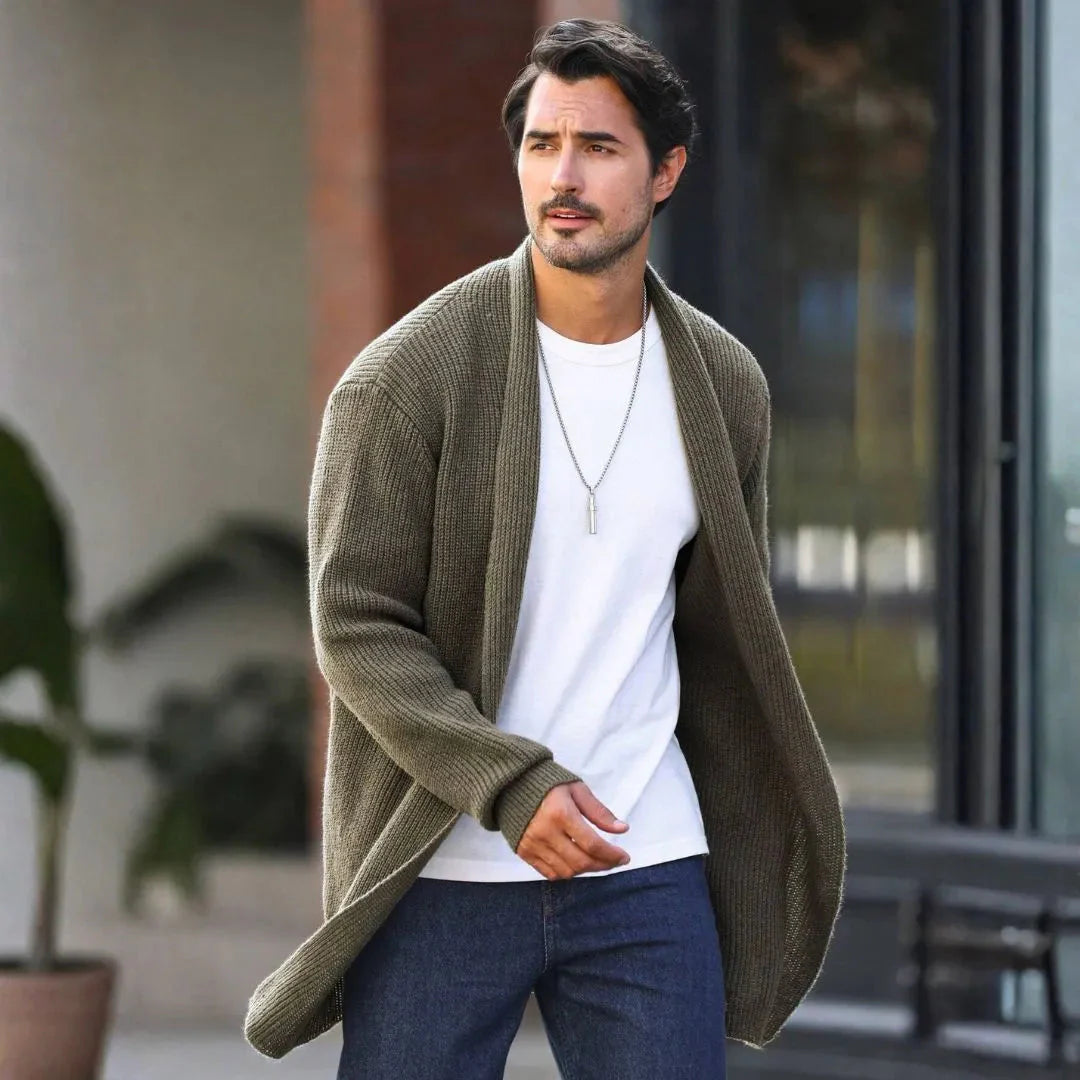 Men's longline open-front knit cardigan relaxed drape breathable lightweight casual layering essential