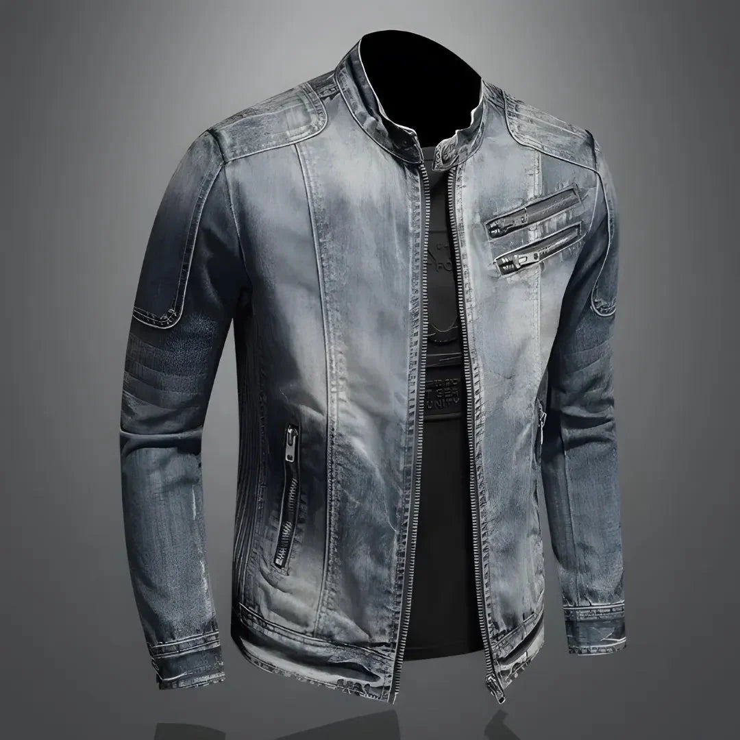 Men's washed denim jacket vintage distressed finish chest zips snap collar streetwear blue
