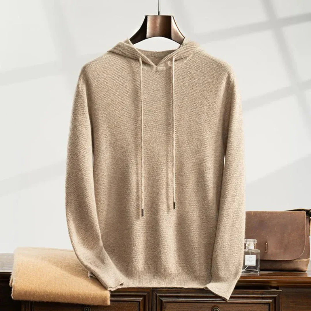 Men's light gray cashmere knit hoodie, relaxed fit with adjustable drawstring hood