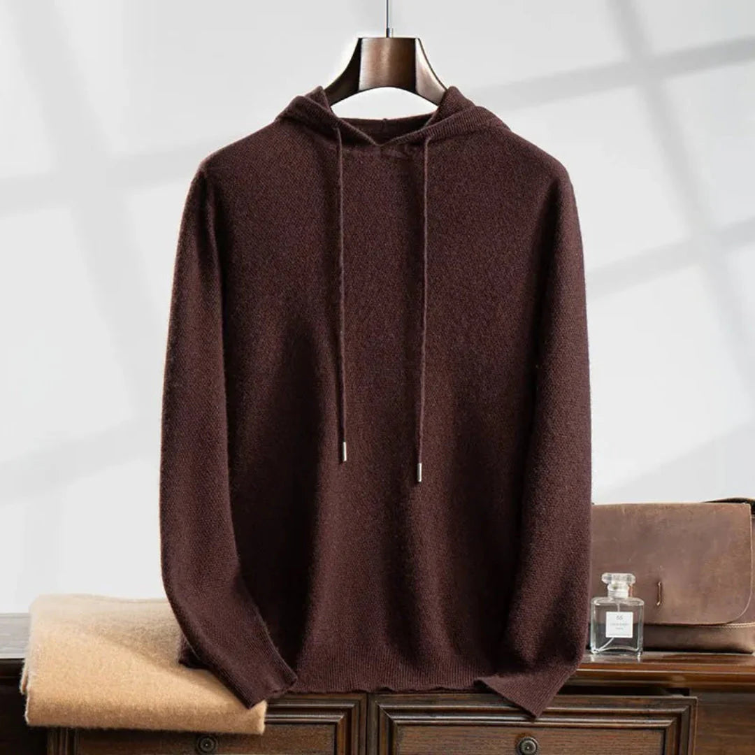 Men's light gray cashmere knit hoodie, relaxed fit with adjustable drawstring hood