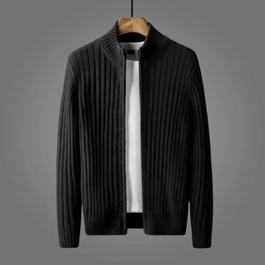 Men's ribbed knit cardigan full zip breathable fabric timeless neutral essential layering piece
