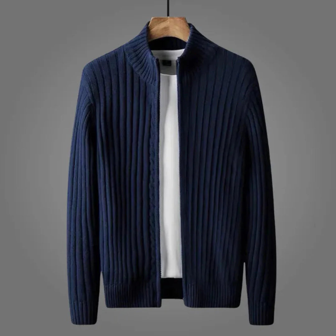 Men's ribbed knit cardigan full zip breathable fabric timeless neutral-tone essential layer