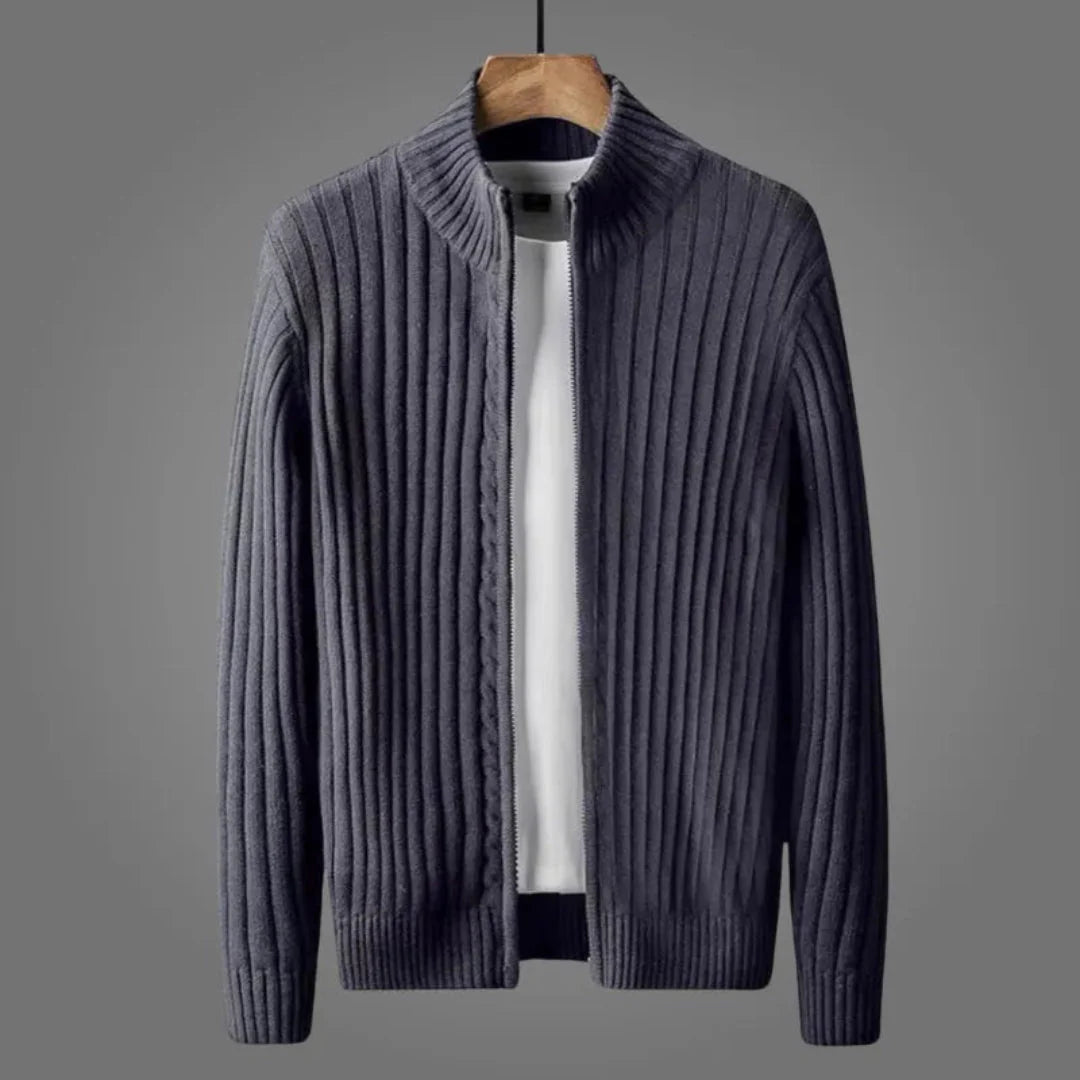 Men's ribbed knit cardigan full zip breathable fabric timeless neutral essential layering piece