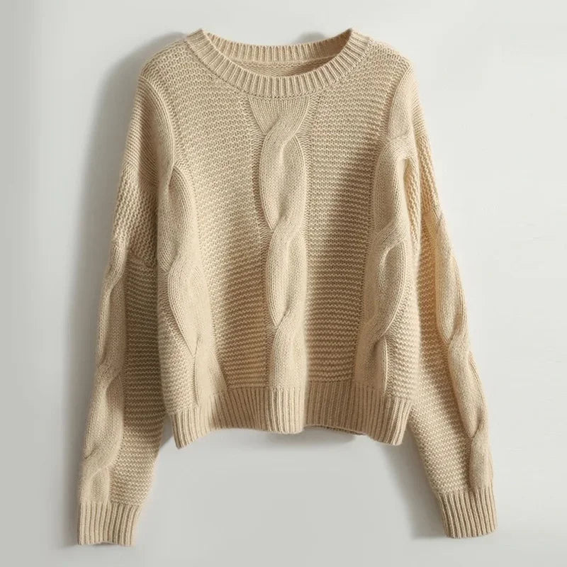 Women's relaxed fit cashmere pullover sweater with sculpted cable-knit panels, buttery soft knit
