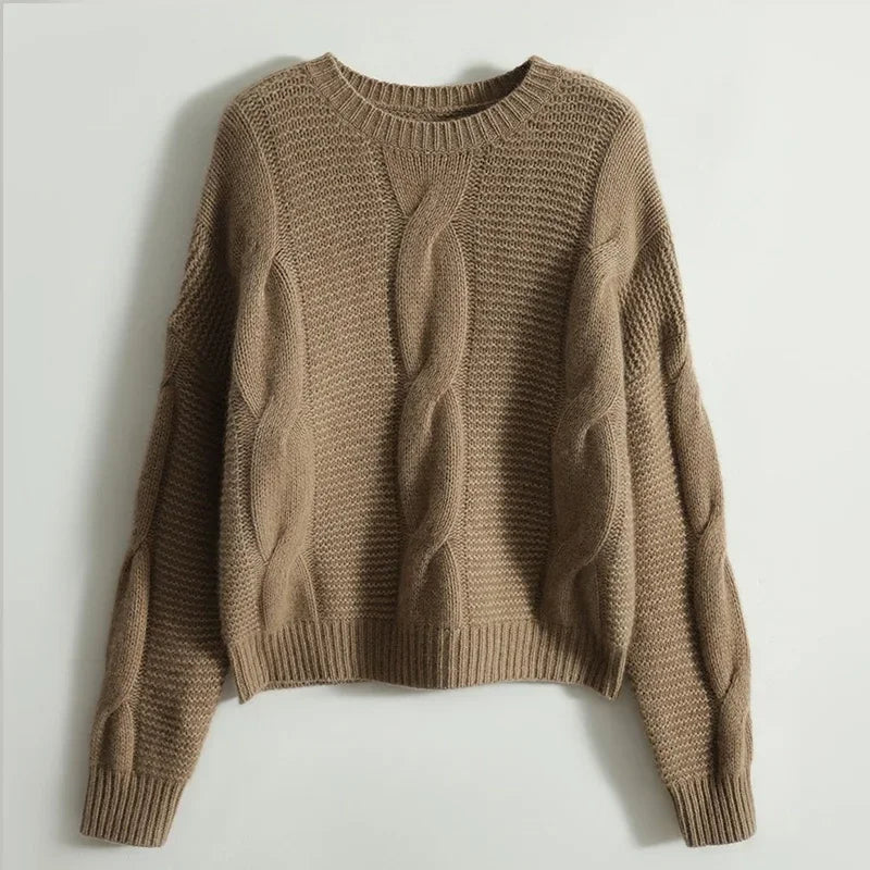 Women's relaxed fit cashmere pullover sweater with sculpted cable-knit panels, buttery soft knit