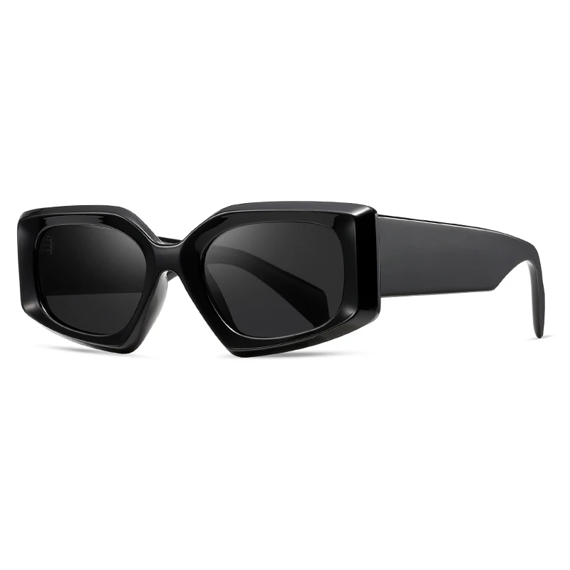 Black oversized angular sunglasses with thick polished temples and UV protection for bold fashion