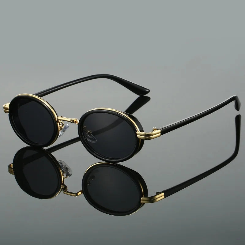 Black circular metal frame steampunk sunglasses deep black UV protection lenses adjustable nose pads