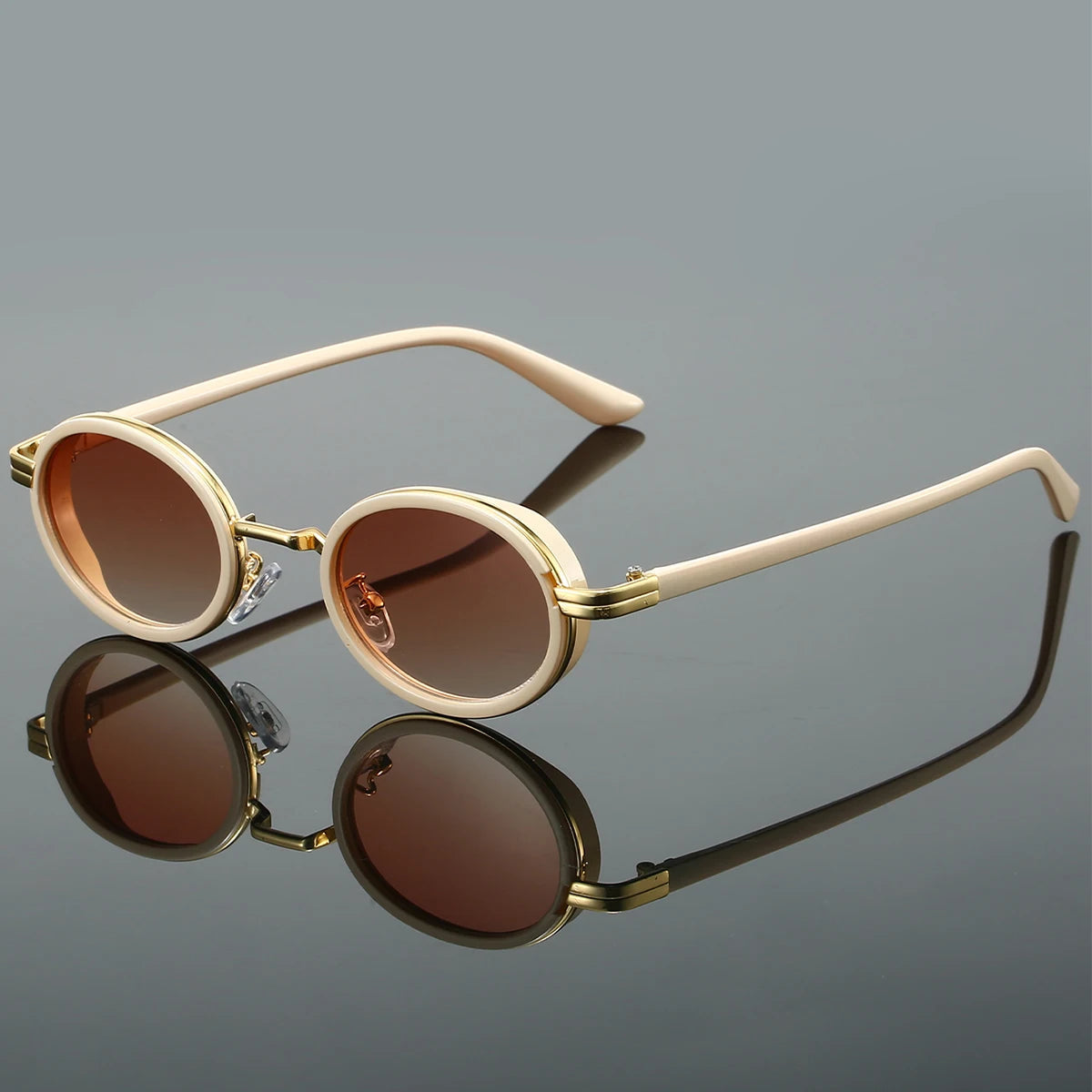 Black circular metal frame steampunk sunglasses deep black UV protection lenses adjustable nose pads