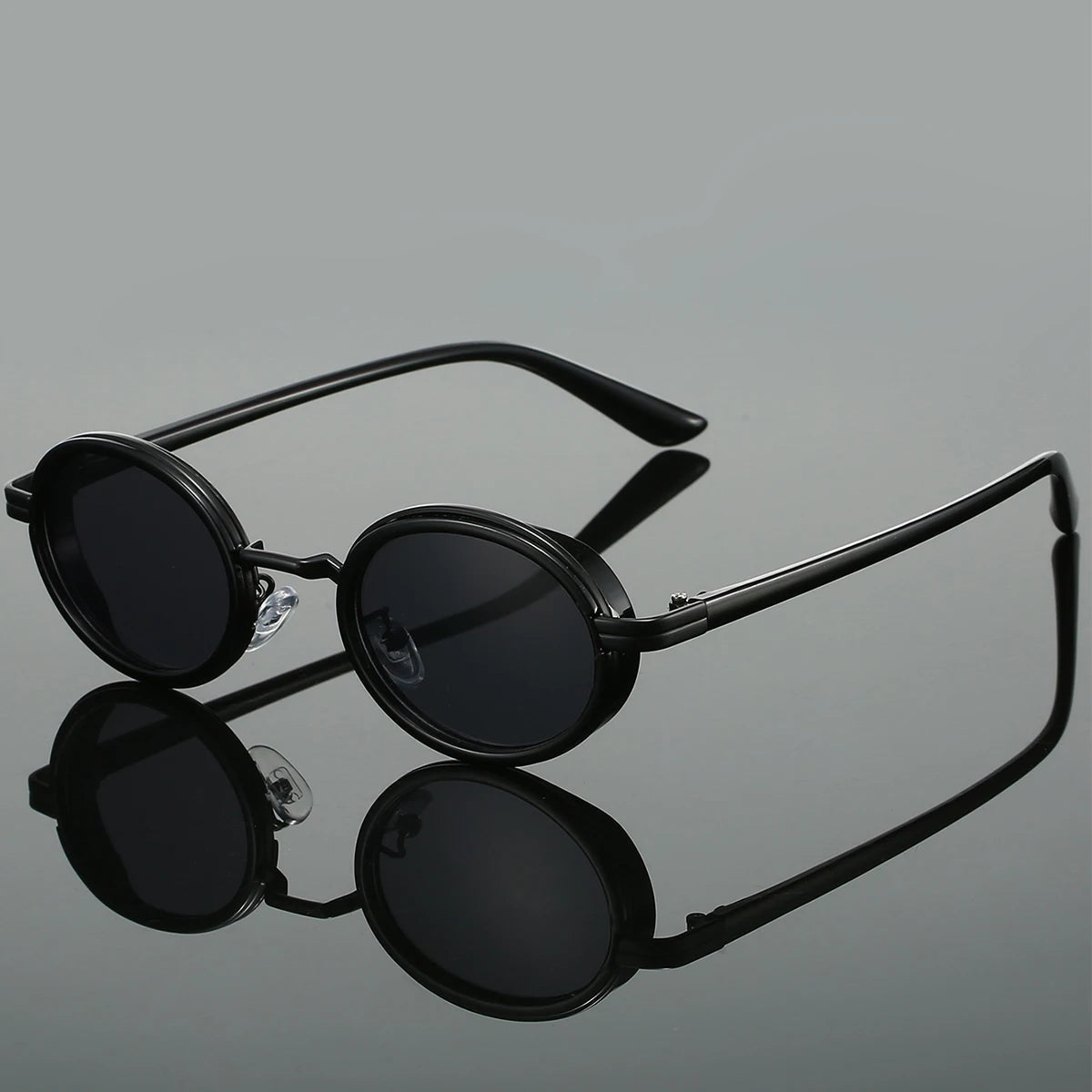 Black circular metal frame steampunk sunglasses deep black UV lenses adjustable nose pads vintage style
