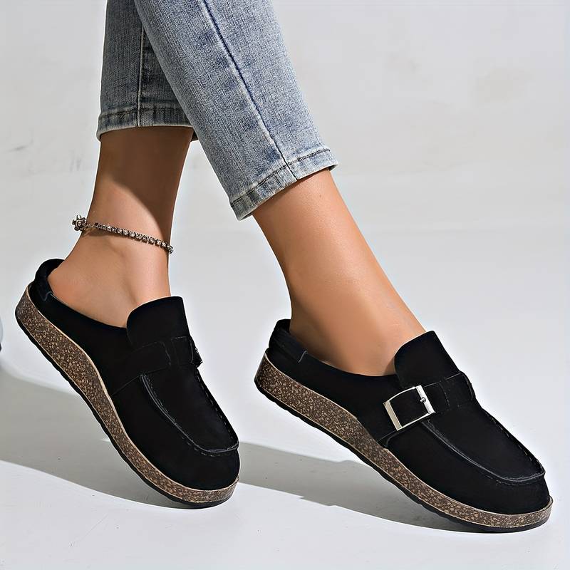 Men's brown suede leather sandals semi-open moccasin style with lightweight cork insole comfort