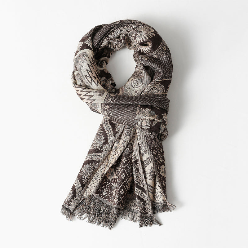 Noah woven scarf viscose blend jacquard pattern fringed edges men fall style neutral tones