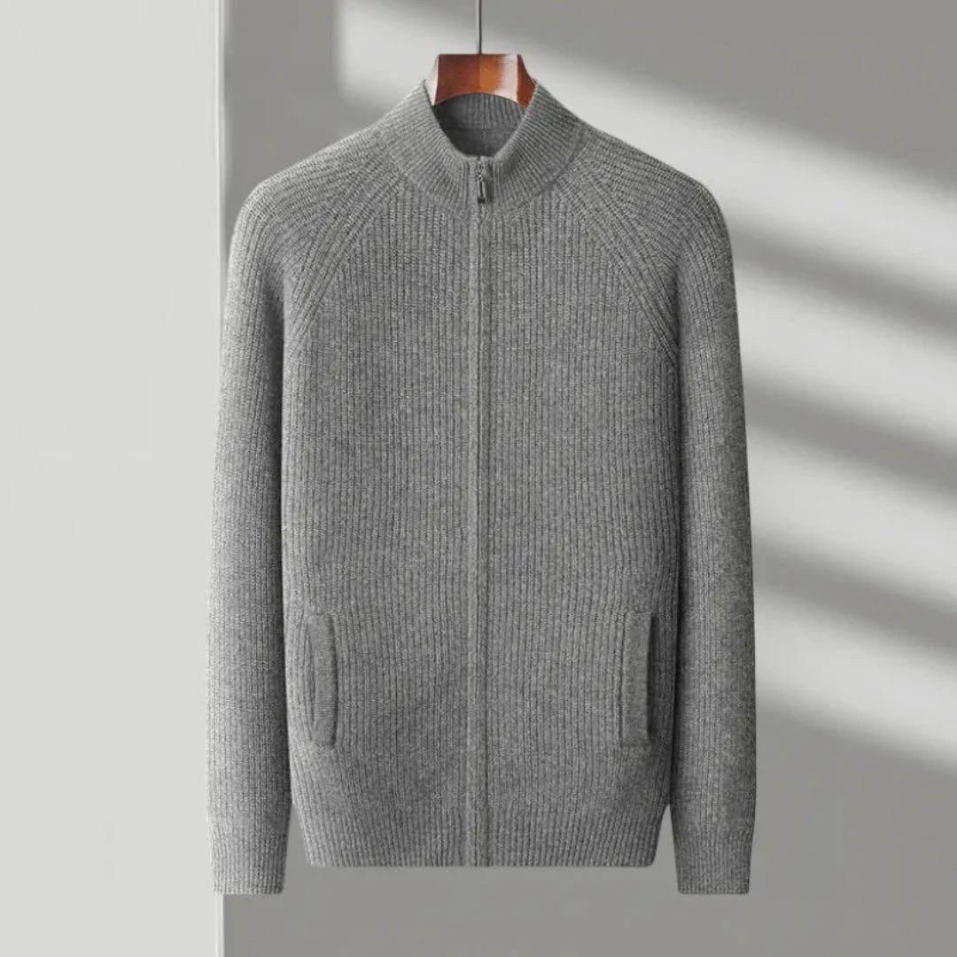 Beige cashmere ribbed full-zip raglan sleeve sweater with subtle knit texture for casual layering