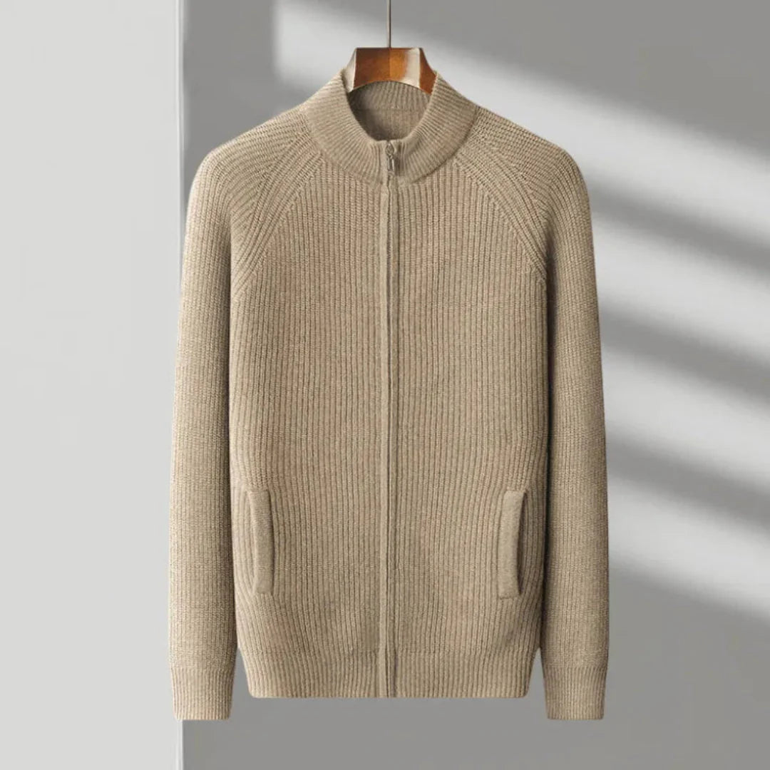 Nolan oatmeal cashmere ribbed full-zip raglan sleeve sweater for casual everyday layering
