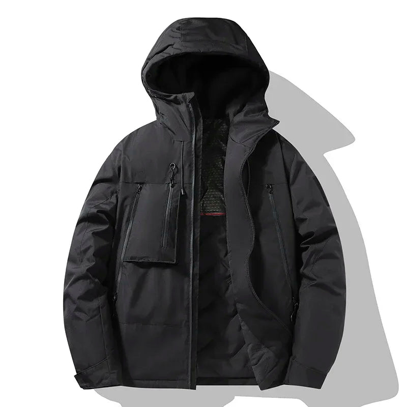 Men's relaxed fit insulated hooded jacket windproof lightweight design for outdoor warmth