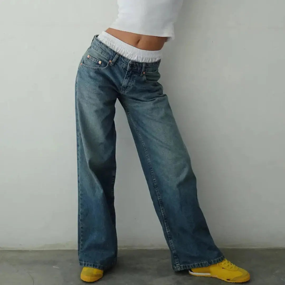 Women's high-waisted wide-leg jeans relaxed vintage fit denim with flattering high-rise silhouette