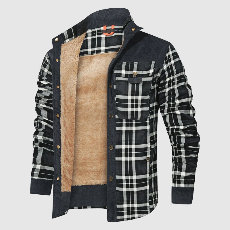 Plaid sherpa outdoor jacket with plush lining, durable cotton-poly shell, heritage style for men