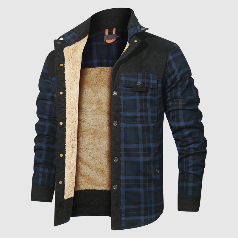 Plaid sherpa outdoor jacket with plush lining, durable cotton-poly shell, heritage-inspired rugged style