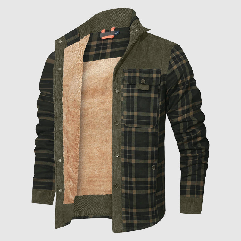 Men's plaid sherpa outdoor jacket with plush lining, durable cotton-poly shell, heritage style
