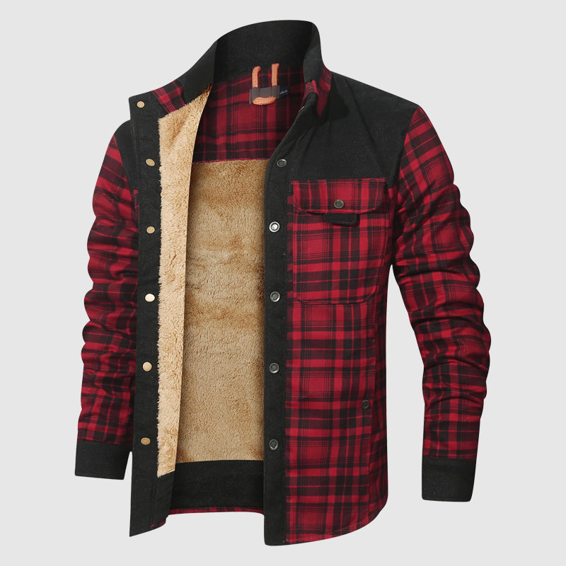 Plaid sherpa outdoor jacket with plush lining, durable cotton-poly shell, heritage-inspired rugged style