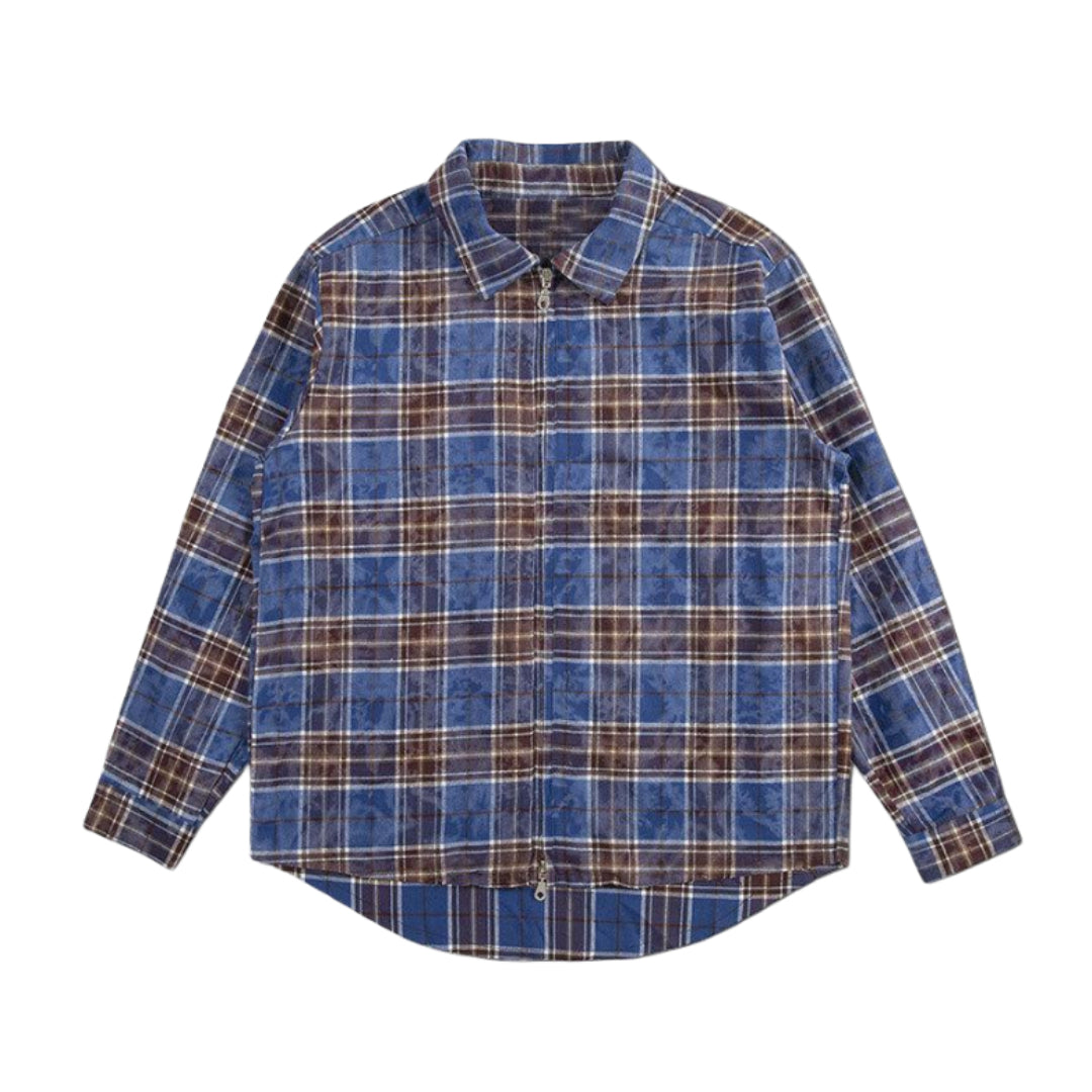 Men's plaid flannel shirt bold contrasting colors zip closure premium cotton relaxed fit casual style