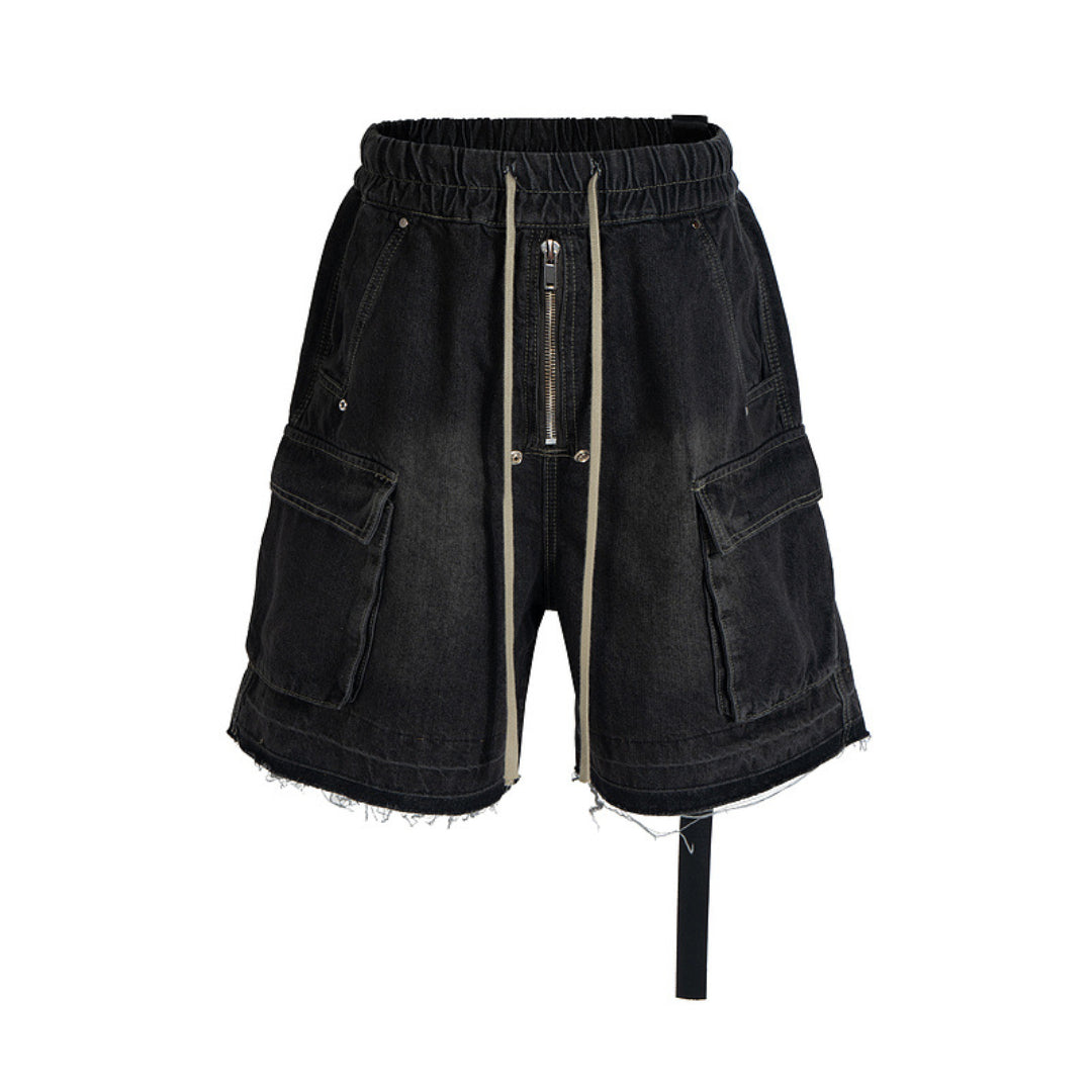 Men's gradient faded denim cargo shorts elastic waist distressed edges utility pockets urban style