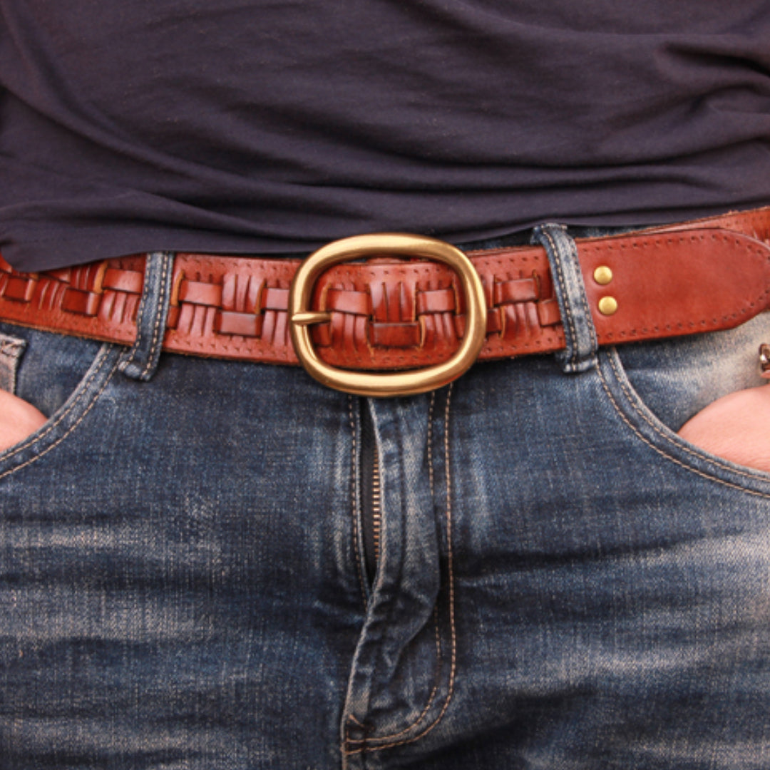 Copper woven cowhide leather belt with solid brass buckle, handcrafted vintage style for everyday wear