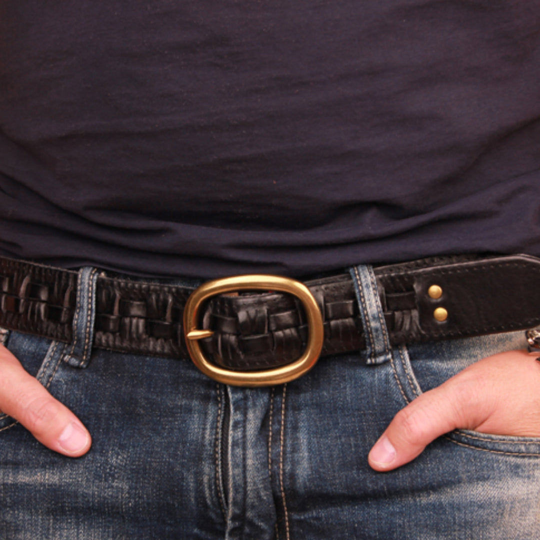 Copper woven cowhide leather belt with solid brass buckle, handcrafted everyday accessory