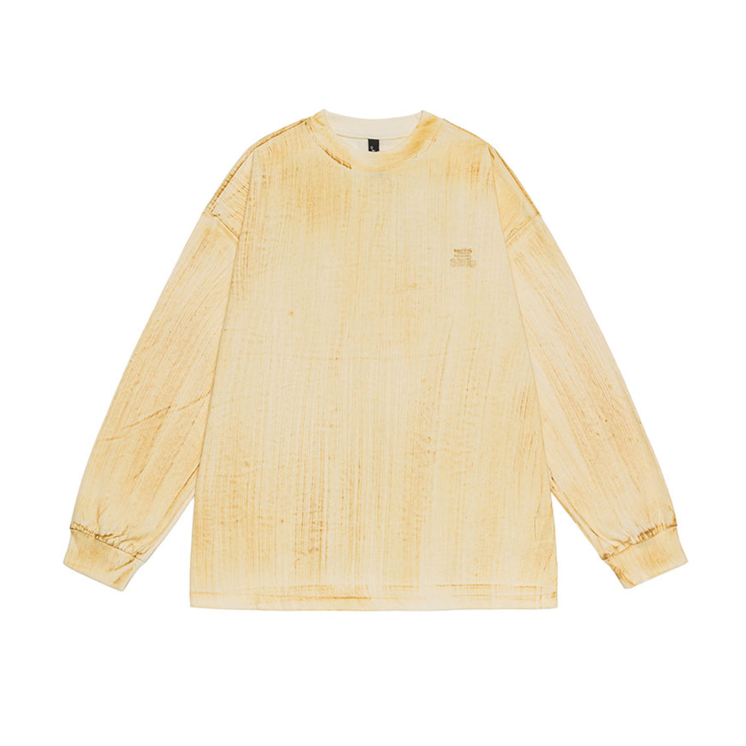 White unisex relaxed fit long sleeve tee with minimalist canvas streak graphic print