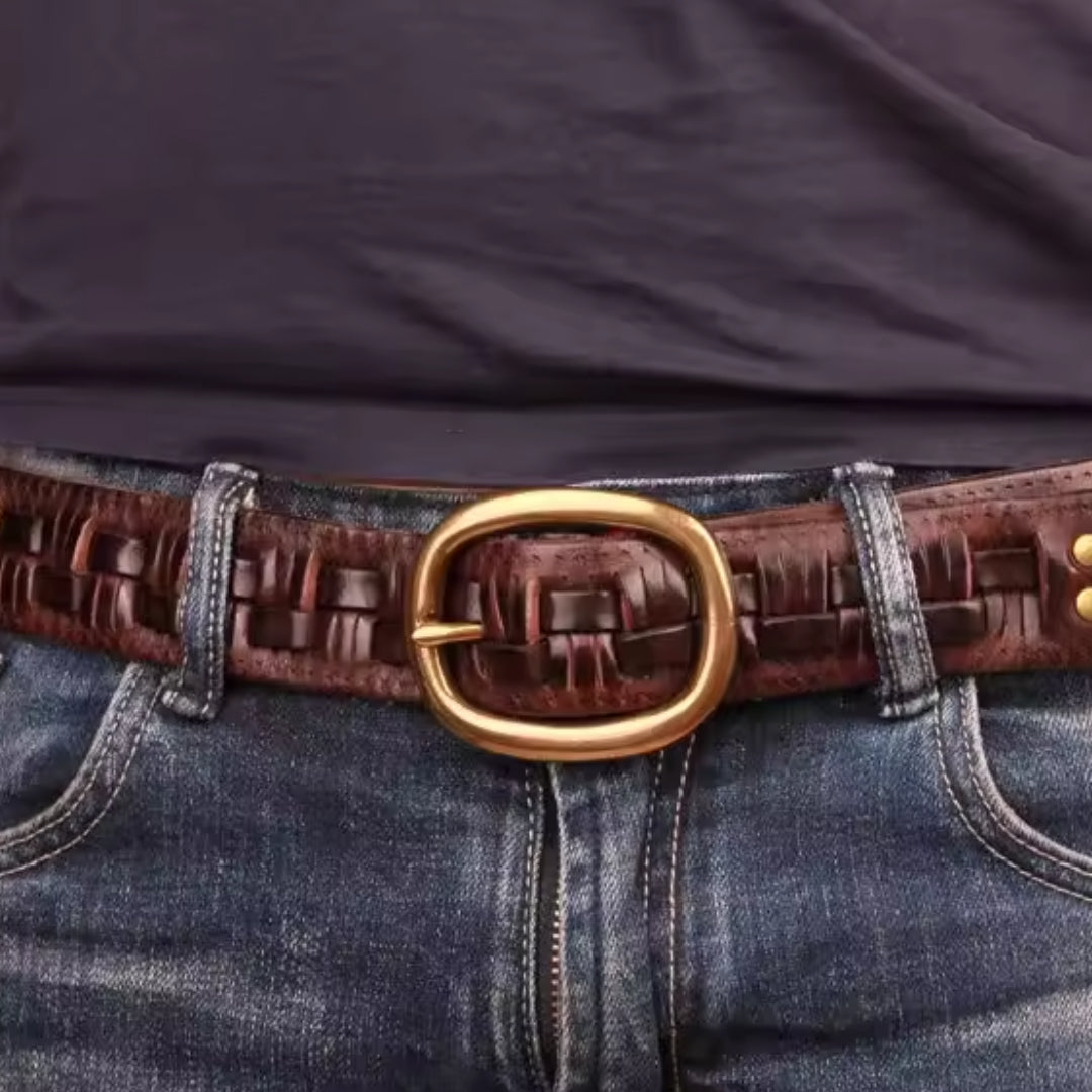 Copper woven cowhide leather belt with solid brass buckle, handcrafted vintage style for everyday wear