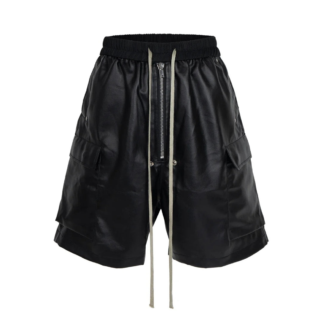 Metallic silver cargo shorts with futuristic sheen, structured waistband, zipper fly, and utility pockets