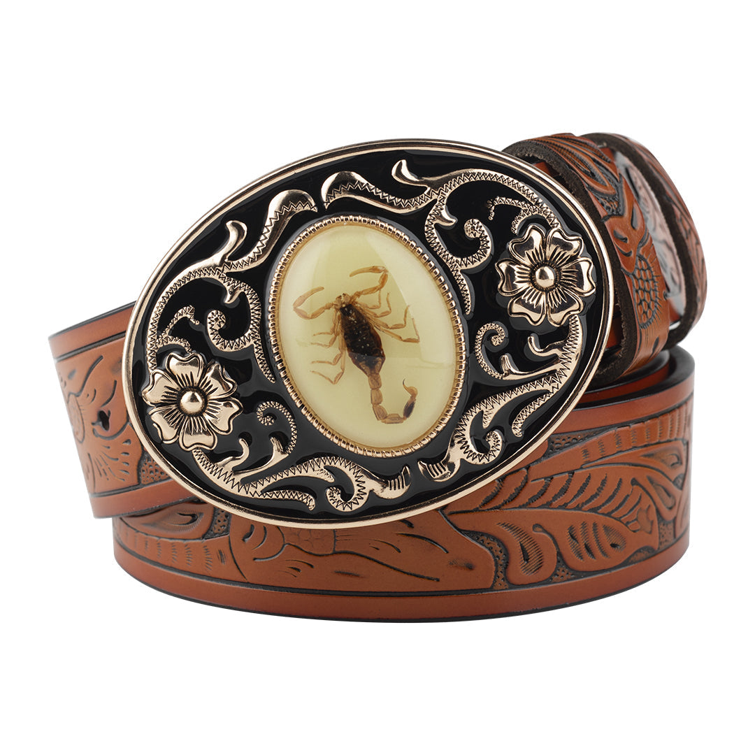 Premium brown leather western belt with embossed texture and bold metal scorpion buckle statement piece