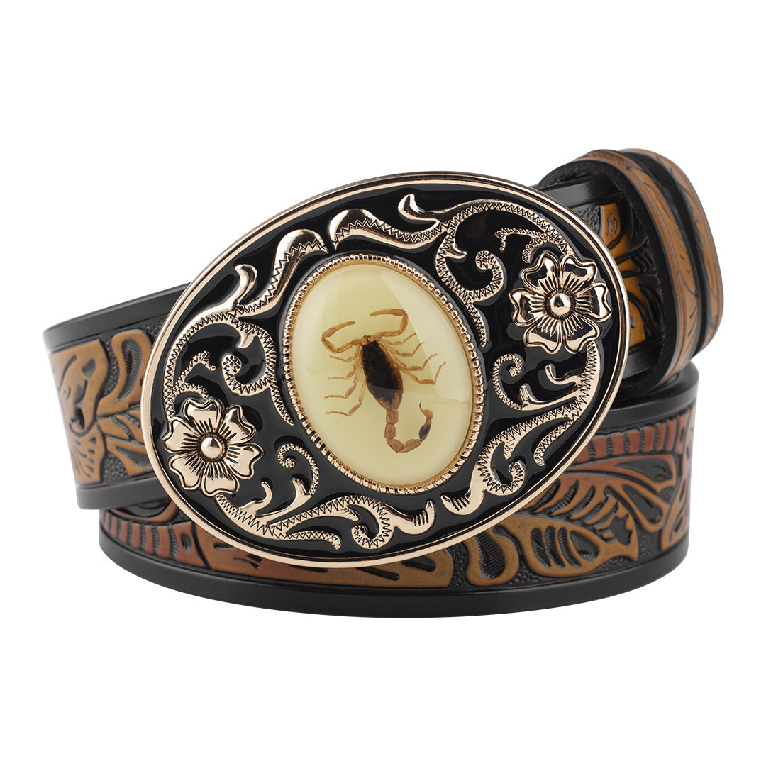 Brown genuine leather western belt with embossed texture and bold metal scorpion buckle
