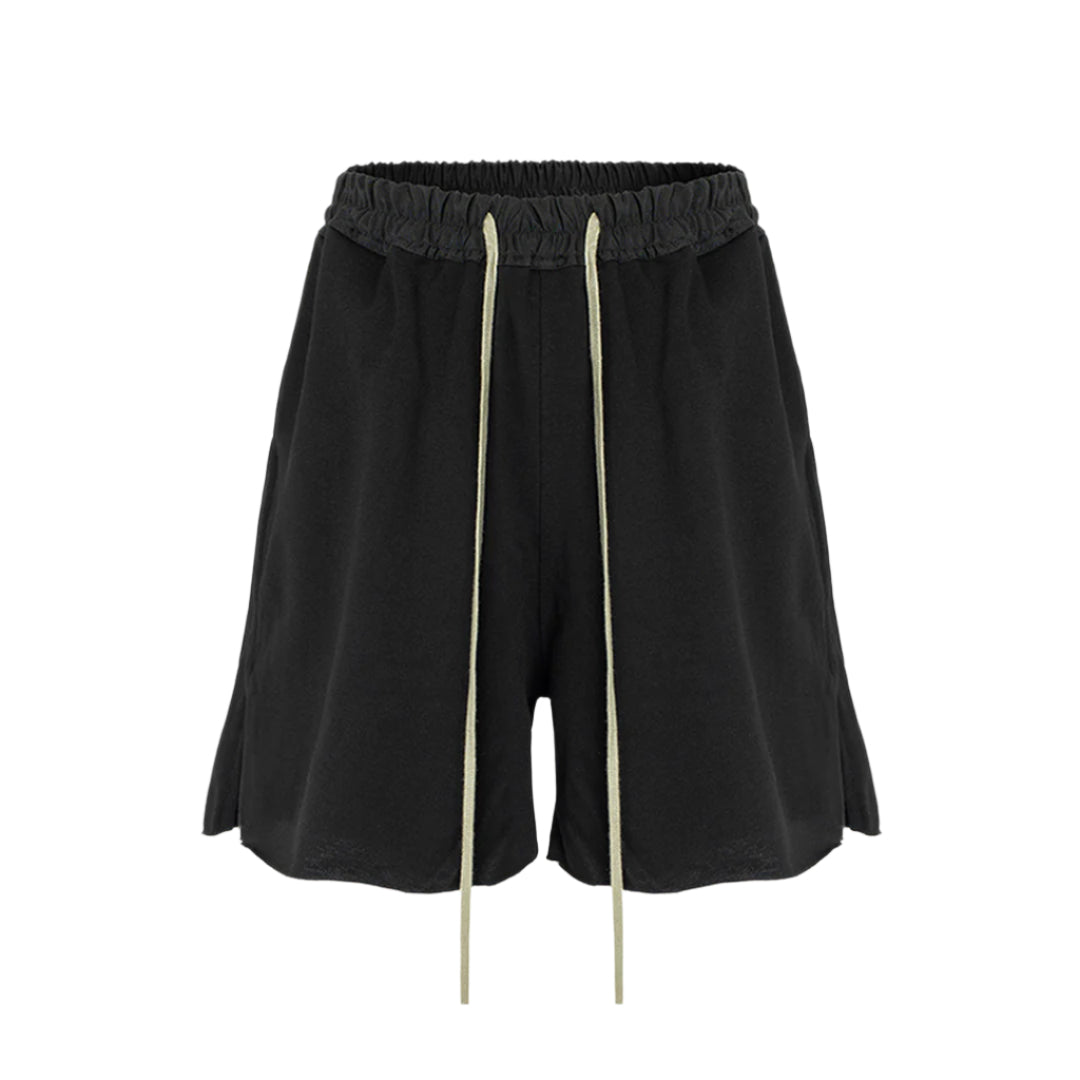 Cotton drop crotch lounge shorts with extended drawstrings and side slits for streetwear style