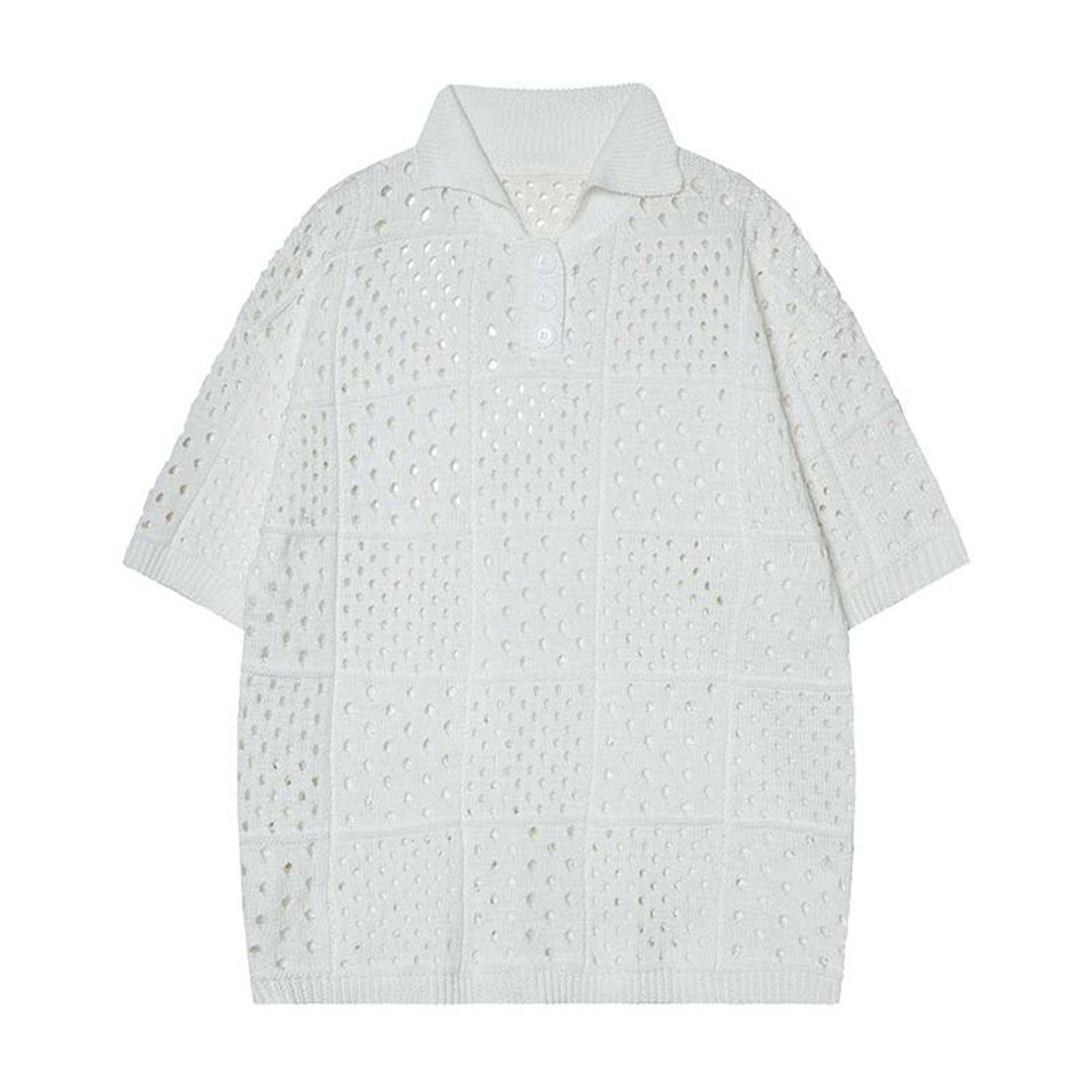 Men's white cotton mesh grid polo shirt relaxed fit with cut-out pattern summer casual style