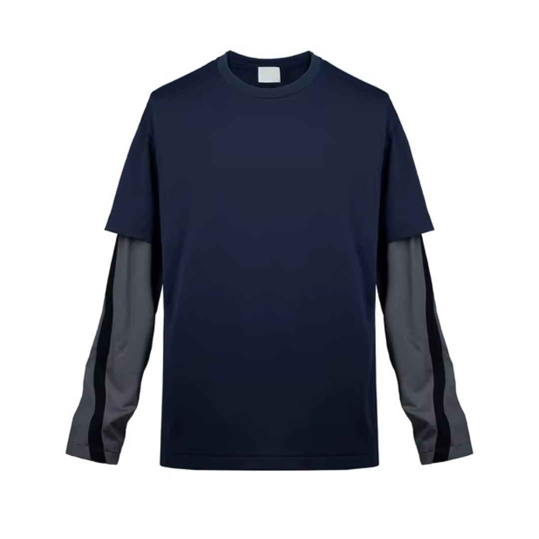 Striped two-piece t-shirt set oversized outer layer contrasting inner sleeves casual layered style