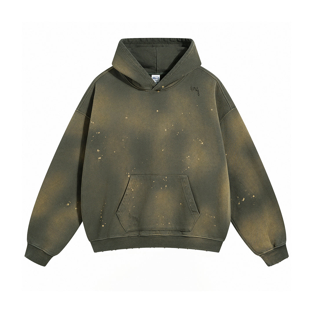 Oversized heavyweight cotton hoodie bleach drip paint splatter distressed streetwear style