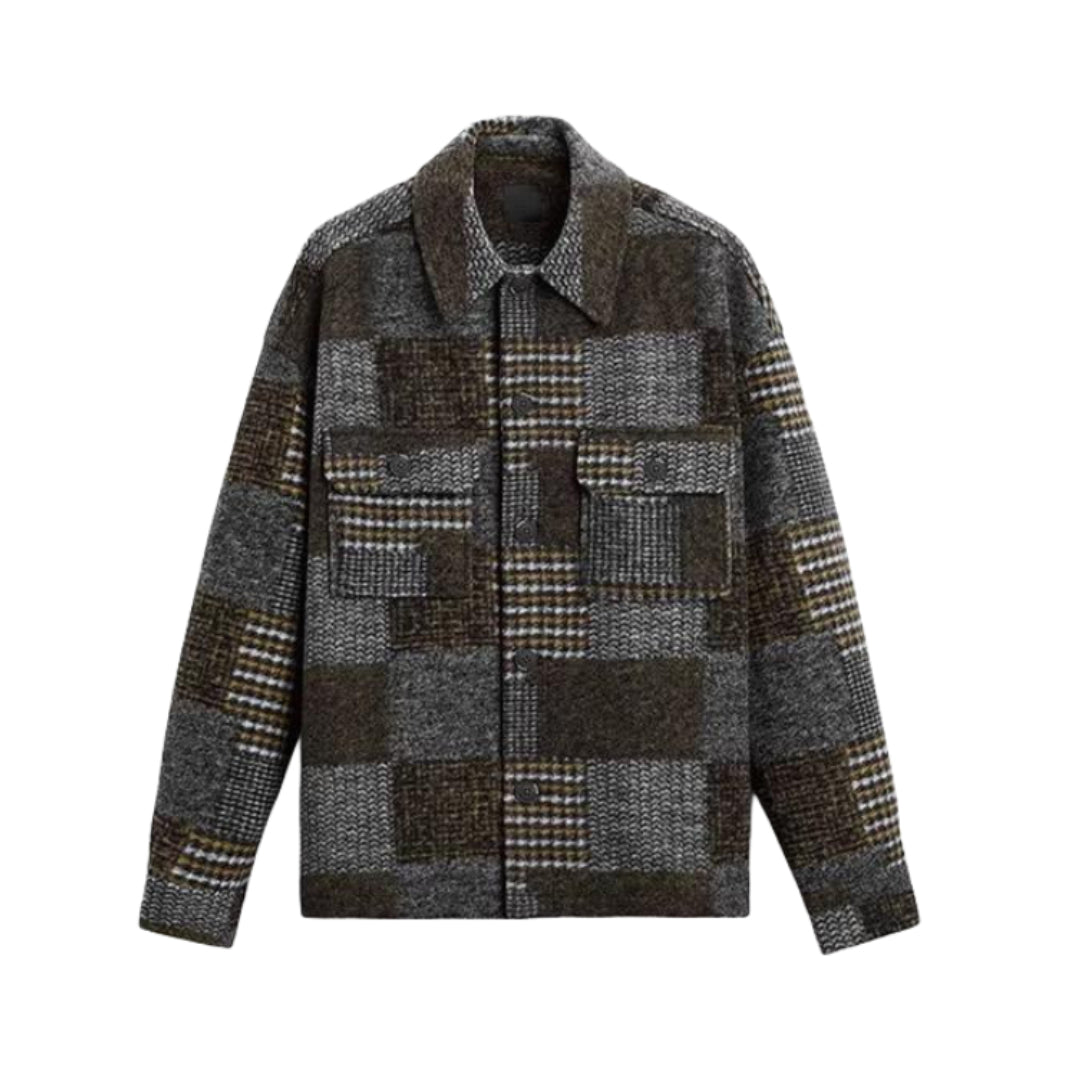 Patchwork plaid shirt jacket in earthy tones, relaxed fit cotton-polyester blend with flannel panels