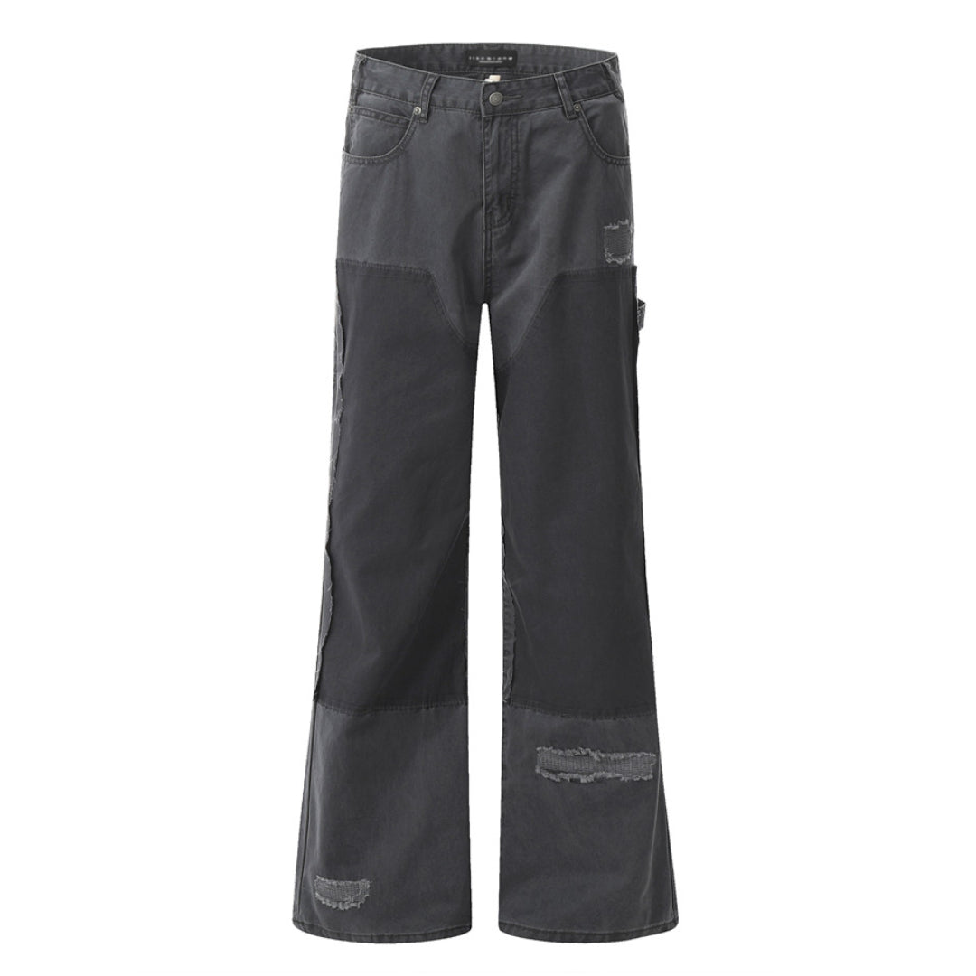 Raw indigo carpenter denim trousers wide-leg relaxed fit with distressed patch streetwear style