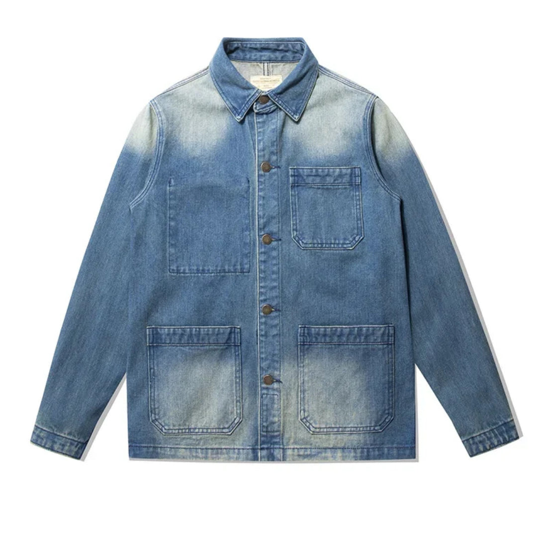 Raw denim work jacket heavy-washed cotton with multiple pockets, rugged French workwear style
