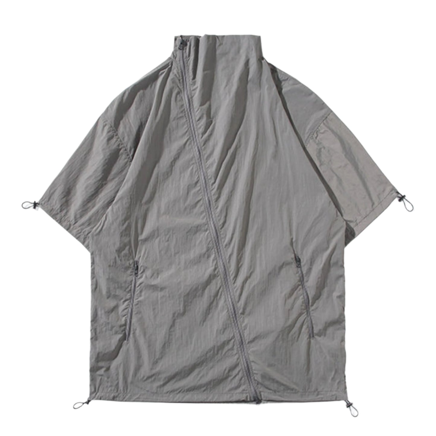 Khaki cargo shirt quick-dry short-sleeve with asymmetric zip closure and drawstring hem for outdoor travel