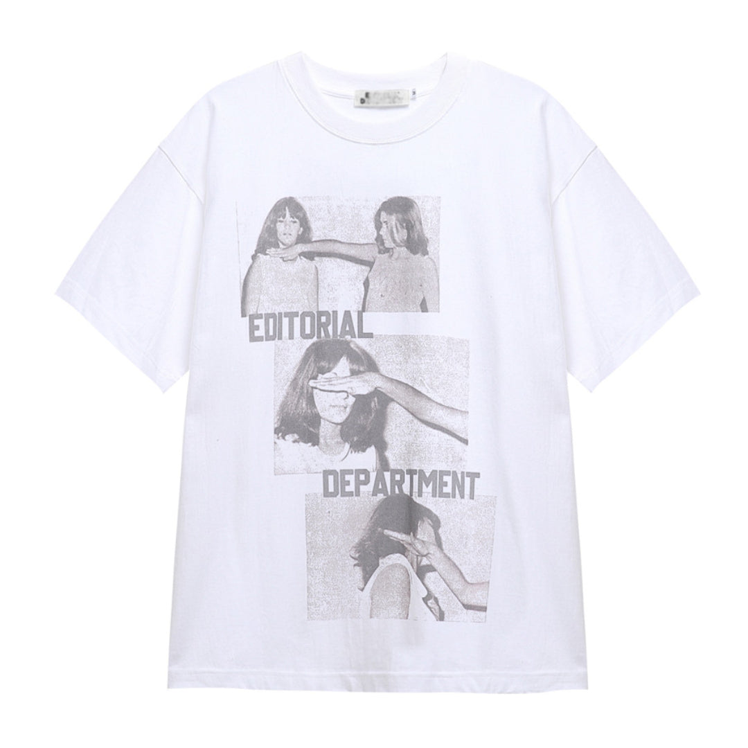 White cotton graphic tee vintage-inspired loose fit with precision-printed editorial department design