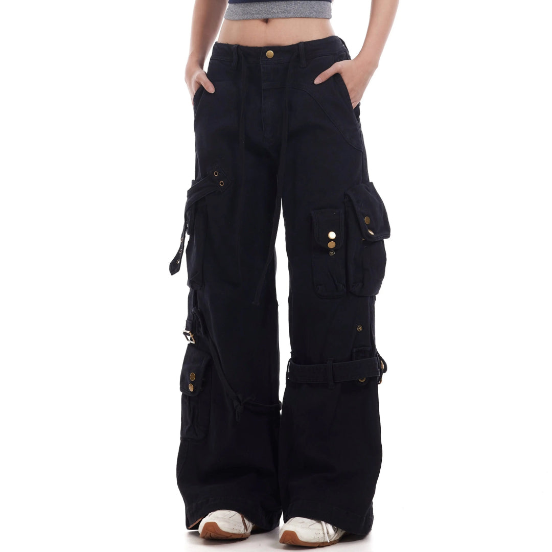 Olive loose-fit cargo pants with adjustable straps and deconstructed design for outdoor style